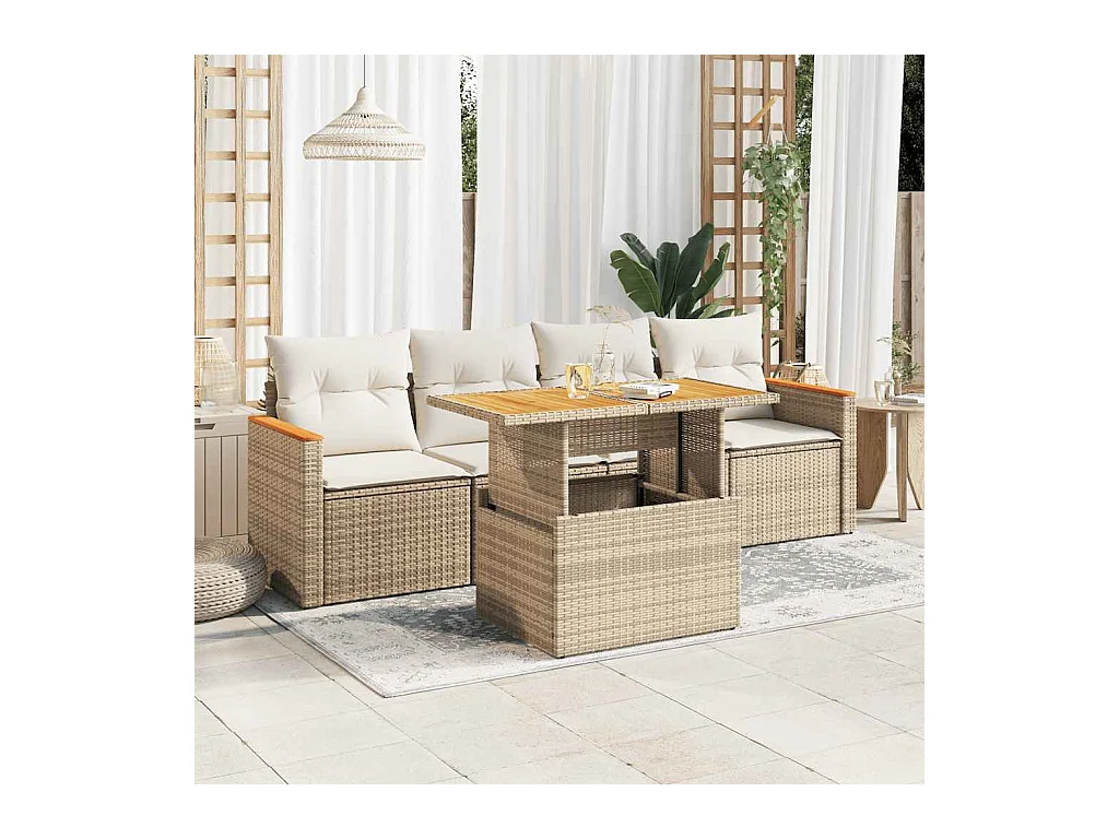 Salon de jardin avec coussins 5 pcs beige résine tressée acacia