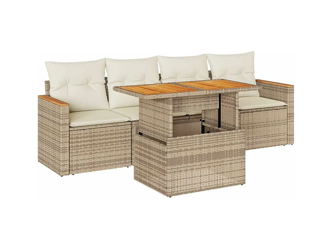 Salon de jardin avec coussins 5 pcs beige résine tressée acacia