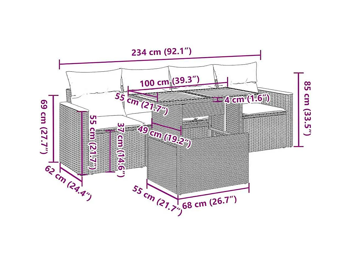 Salon de jardin avec coussins 5 pcs beige résine tressée acacia