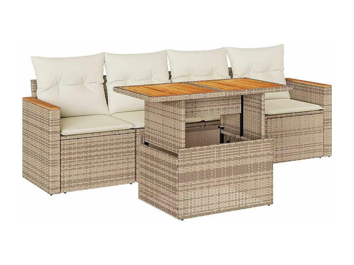 5-tlg. Garten-Sofagarnitur mit Kissen Beige Poly Rattan Akazie