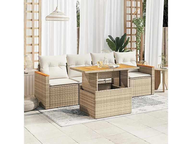 5-tlg. Garten-Sofagarnitur mit Kissen Beige Poly Rattan Akazie