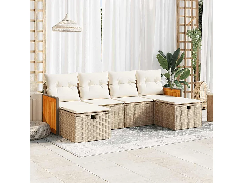 6-delige Loungeset met kussens poly rattan beige