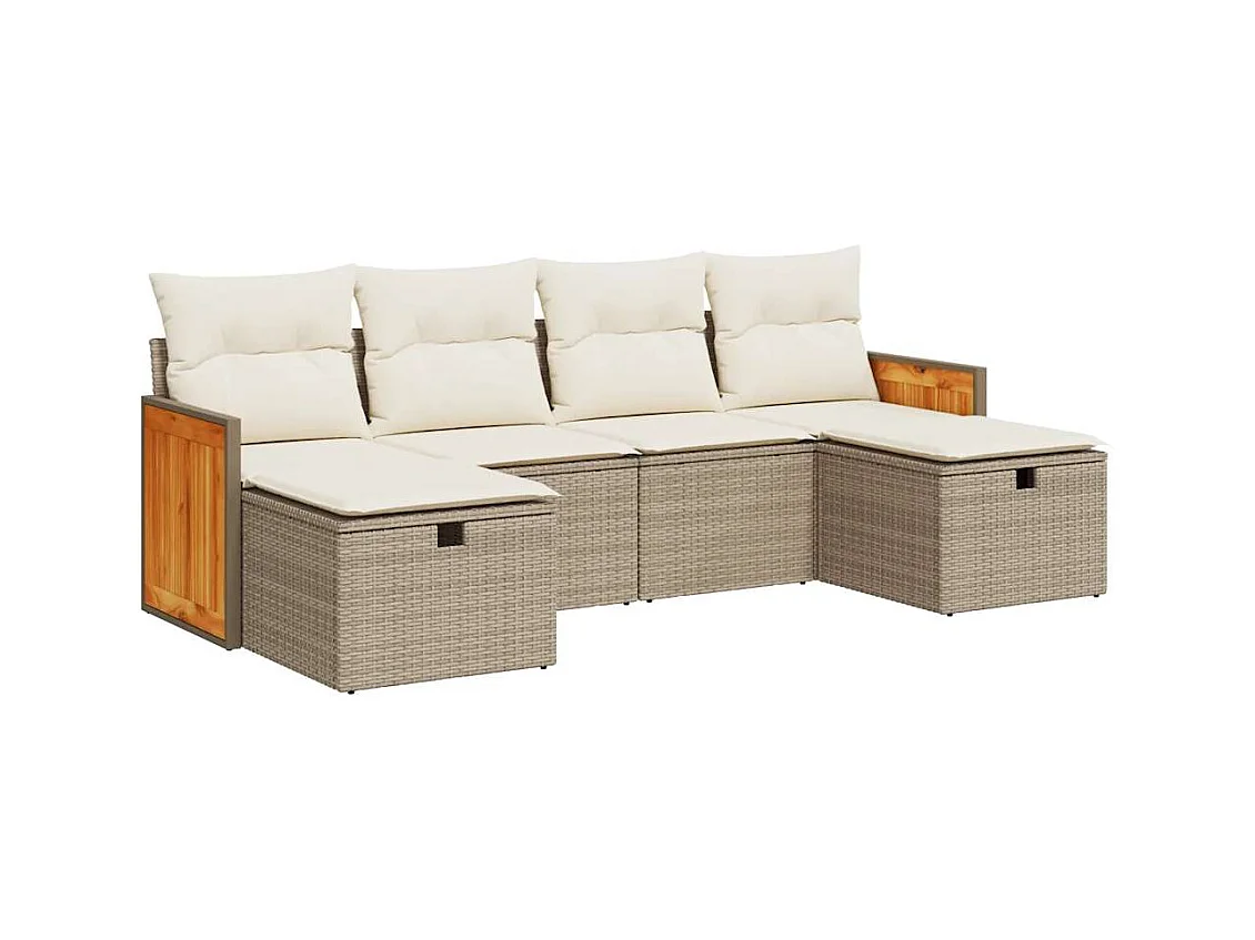 6-delige Loungeset met kussens poly rattan beige