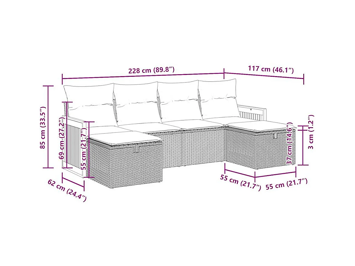 6-delige Loungeset met kussens poly rattan beige