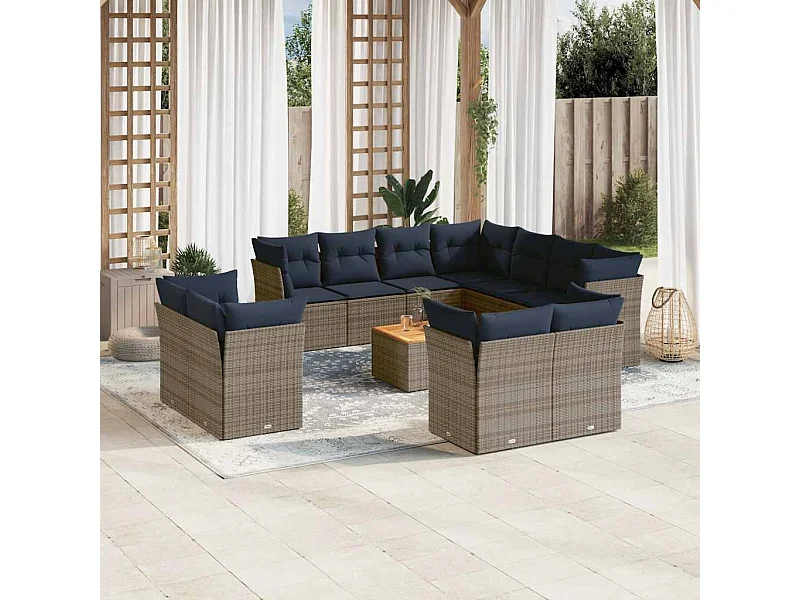 12-delige Loungeset met kussens poly rattan grijs