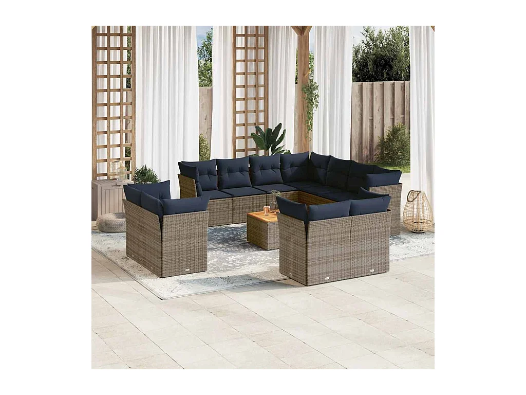 Salon de jardin avec coussins 12 pcs gris résine tressée