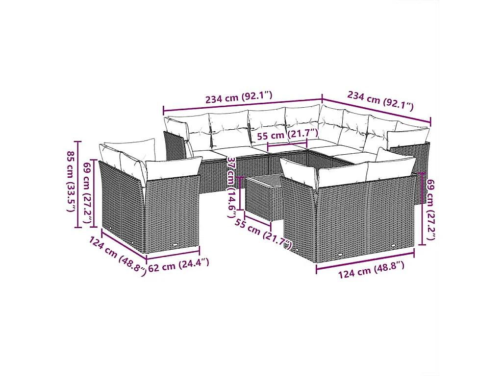 Salon de jardin avec coussins 12 pcs gris résine tressée