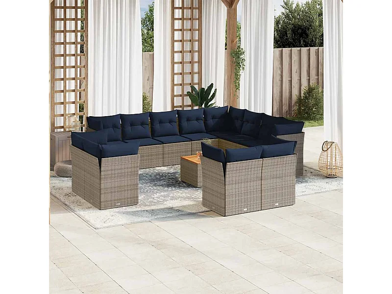 Salon de jardin avec coussins 13 pcs gris résine tressée
