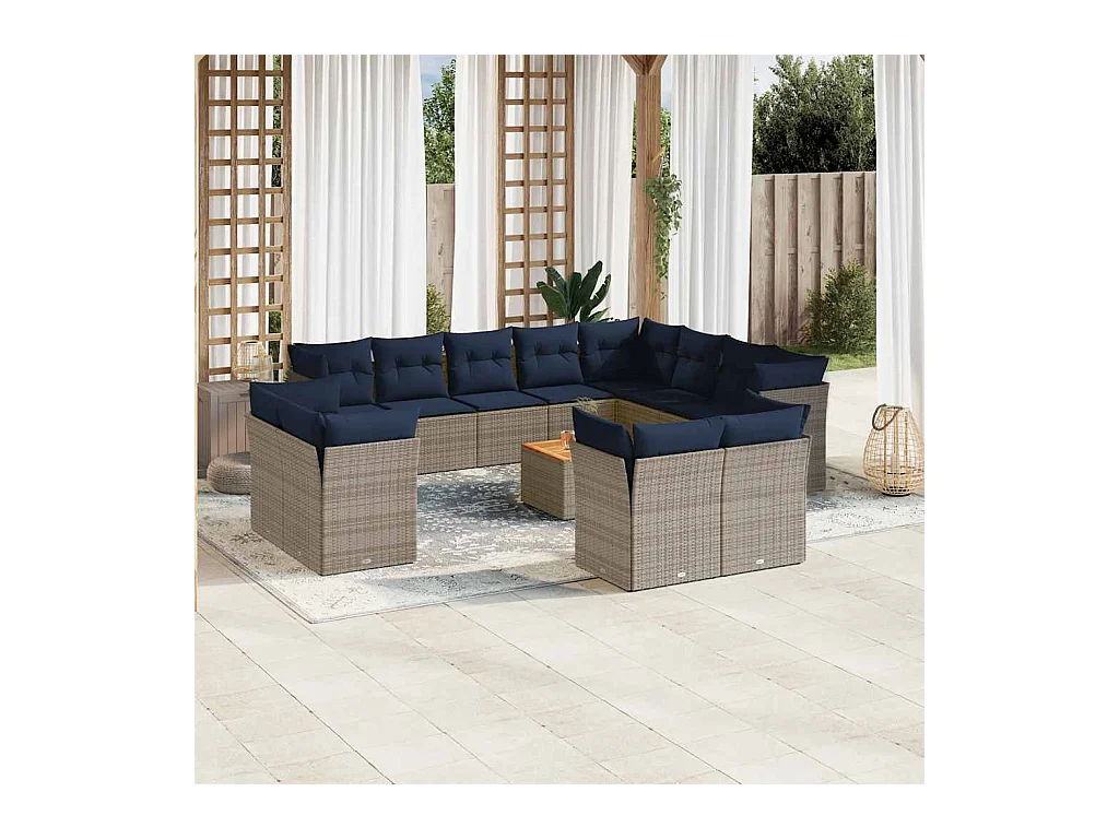 Salon de jardin avec coussins 13 pcs gris résine tressée