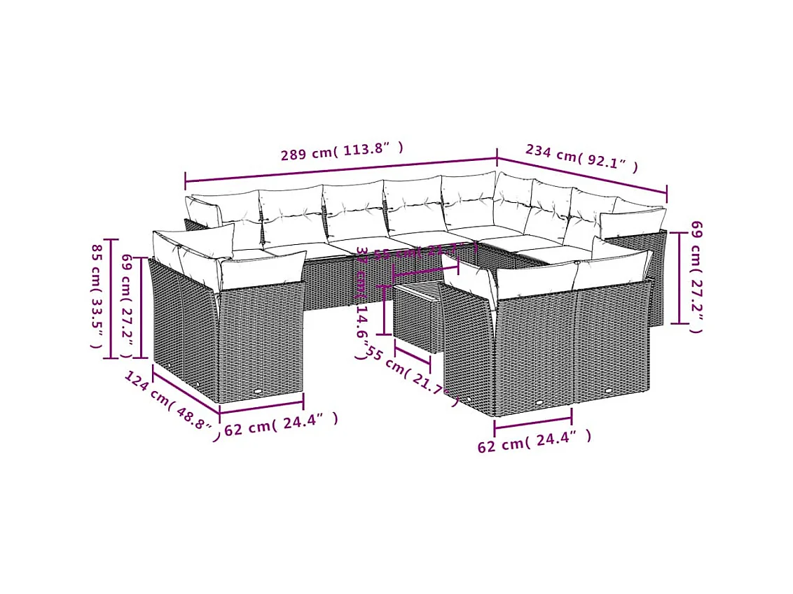 Salon de jardin avec coussins 13 pcs gris résine tressée