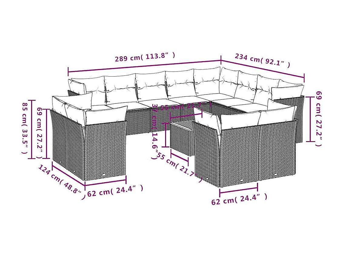Salon de jardin avec coussins 13 pcs gris résine tressée