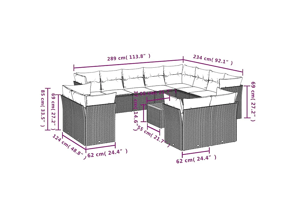 13-tlg. Garten-Sofagarnitur mit Kissen Grau Poly Rattan