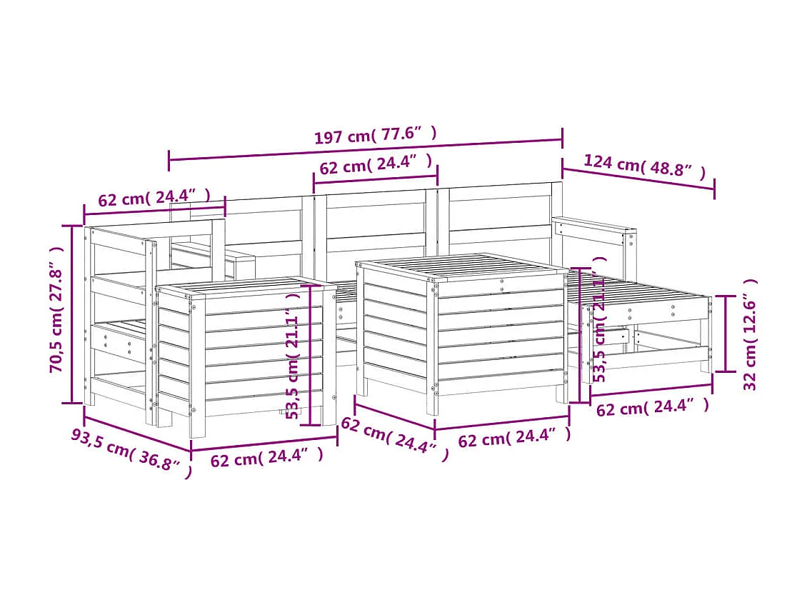 7 pcs conjunto de sofás para jardim madeira de pinho maciça
