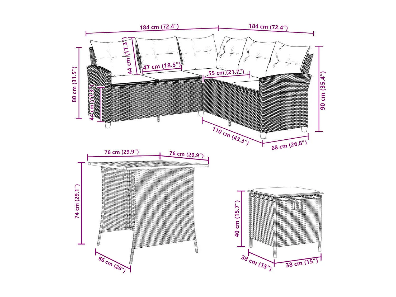 Juego de sofás de jardín en forma de L con cojines 6 pzas gris