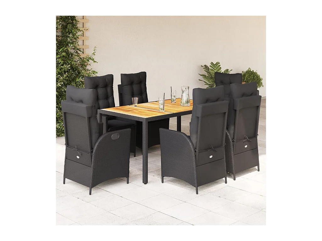 Set da Pranzo da Giardino 7 pz Nero con Cuscini in Polyrattan
