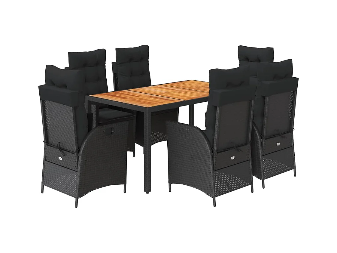 Set da Pranzo da Giardino 7 pz Nero con Cuscini in Polyrattan