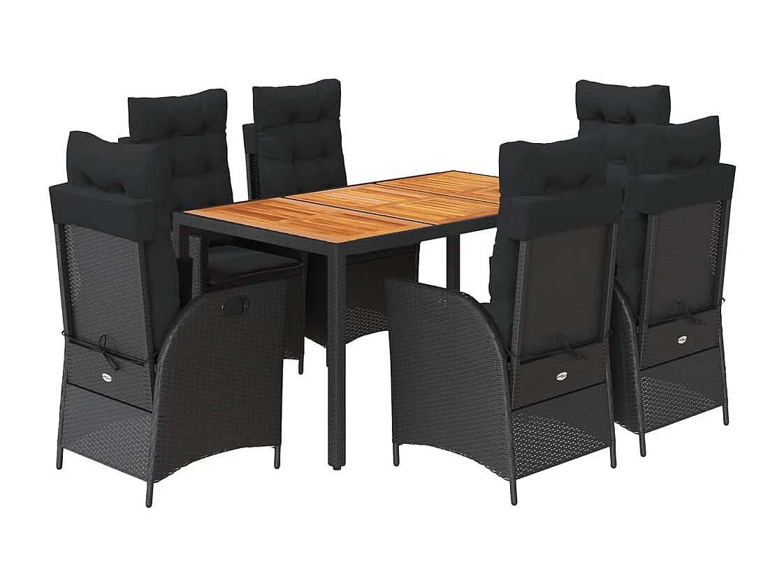 7-tlg. Garten-Essgruppe mit Kissen Schwarz Poly Rattan