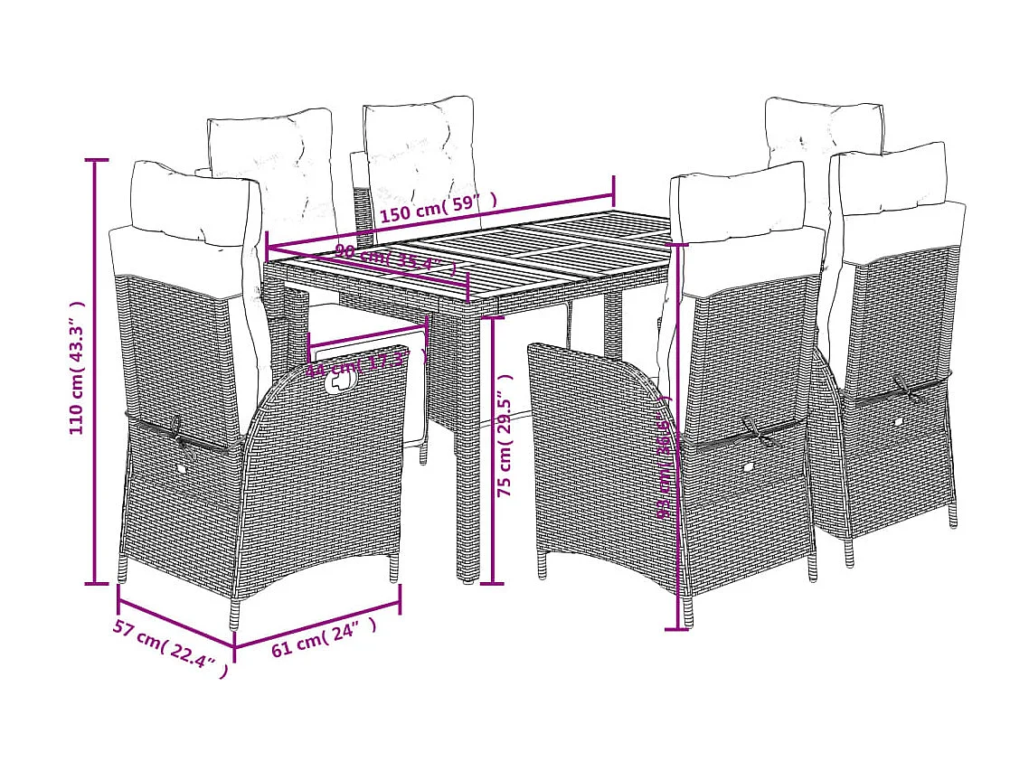 7-tlg. Garten-Essgruppe mit Kissen Schwarz Poly Rattan