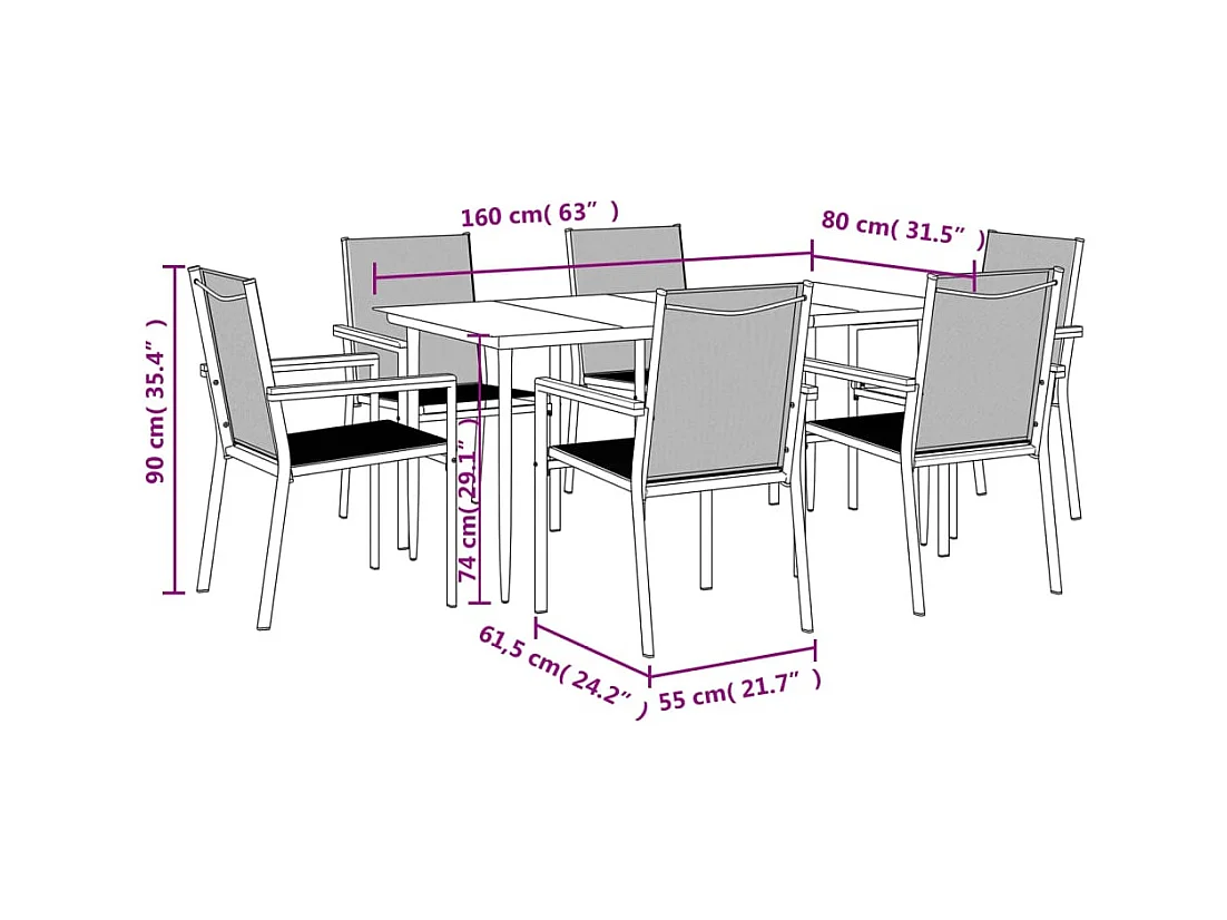 7-tlg. Garten-Essgruppe Schwarz Textilene und Stahl