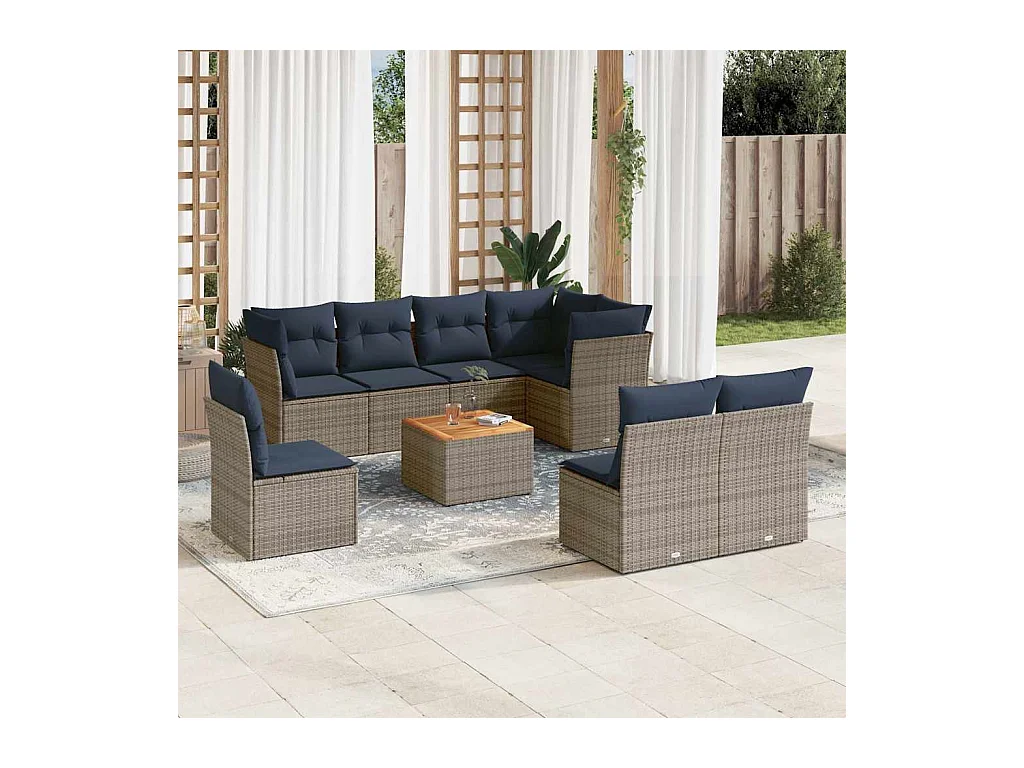 Salon de jardin 9 pcs avec coussins gris résine tressée