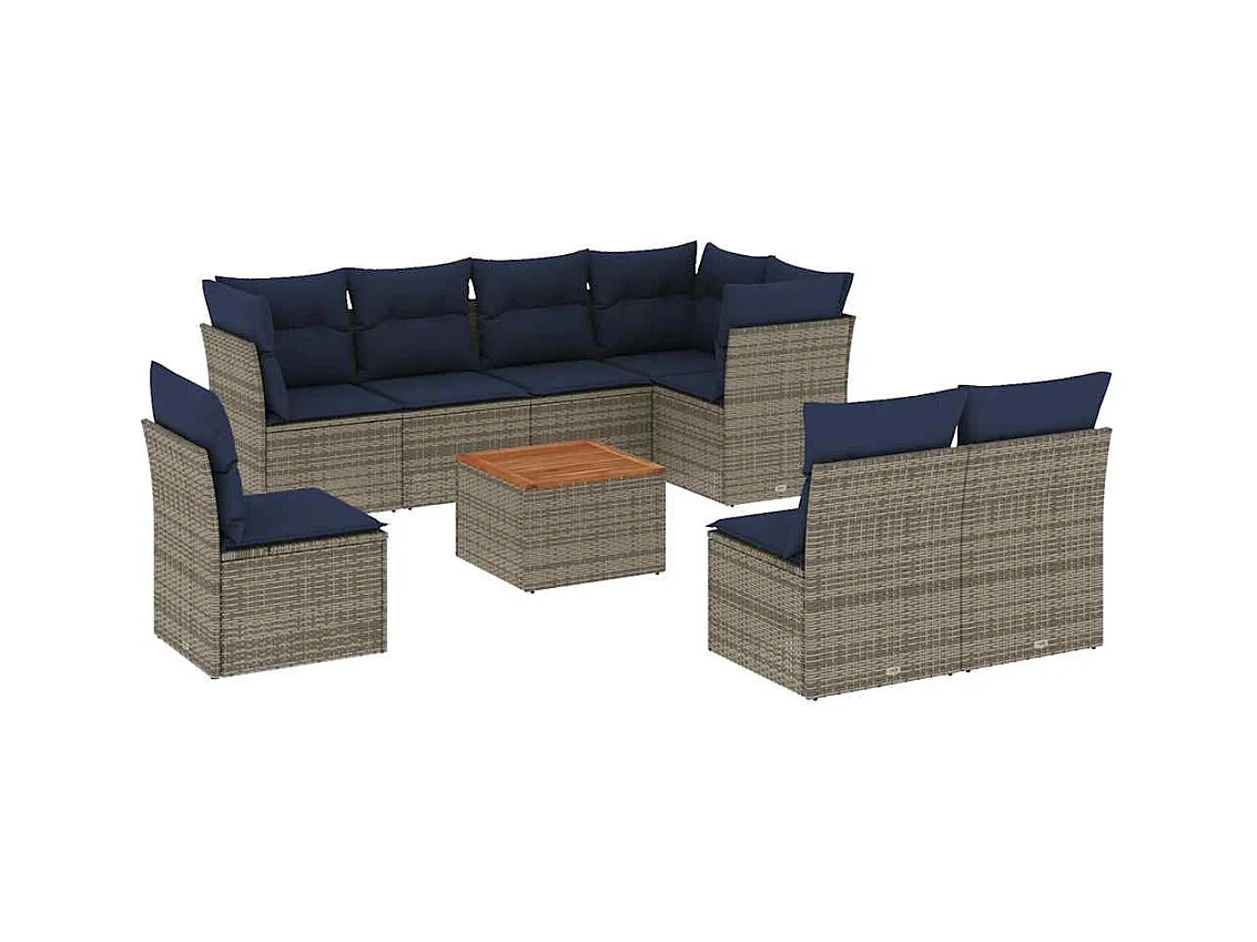 Salon de jardin 9 pcs avec coussins gris résine tressée