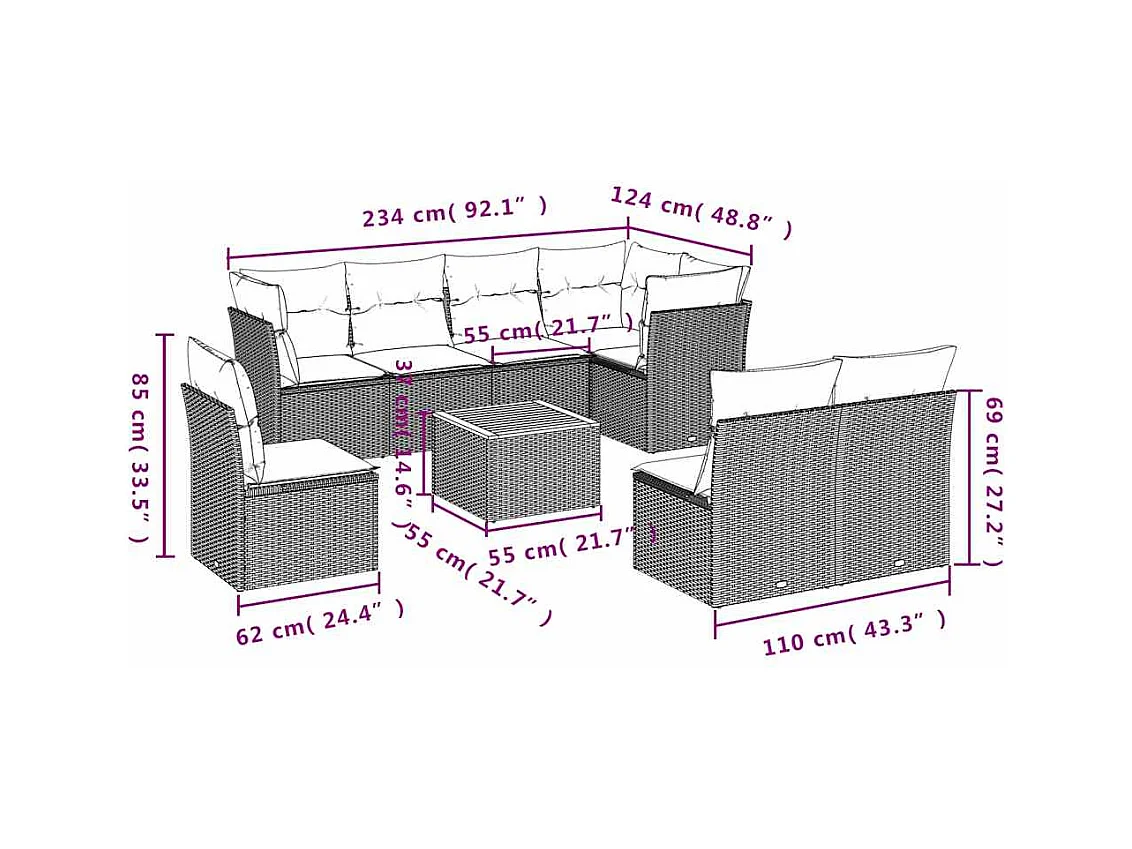 Salon de jardin 9 pcs avec coussins gris résine tressée