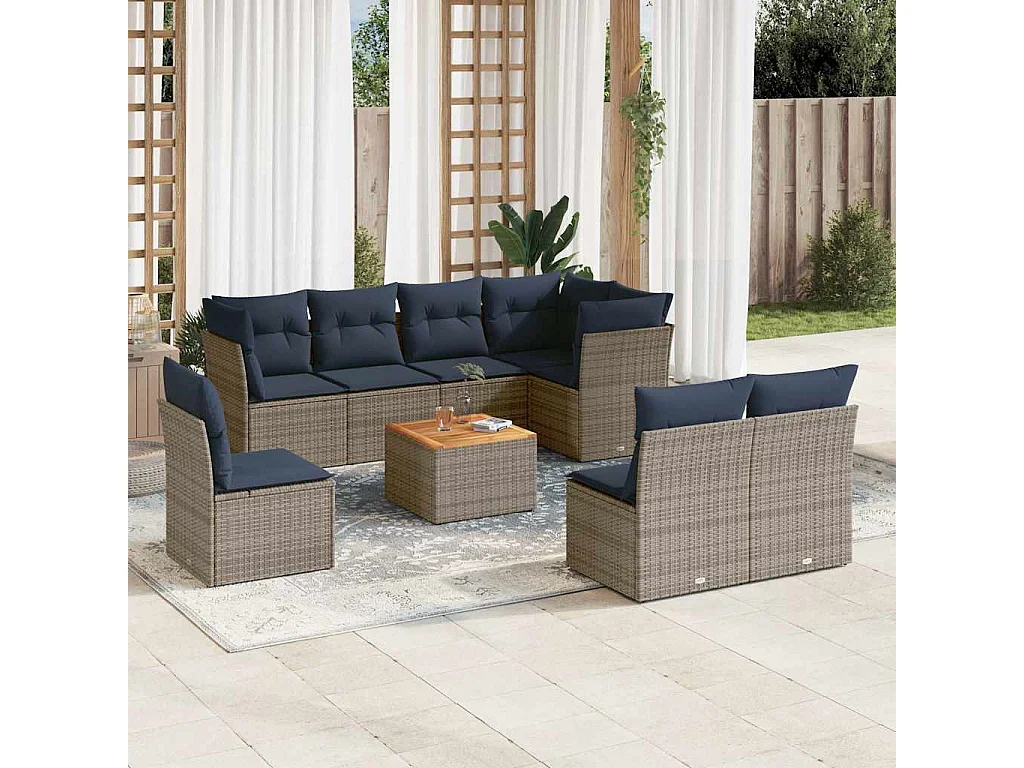 Salon de jardin 9 pcs avec coussins gris résine tressée