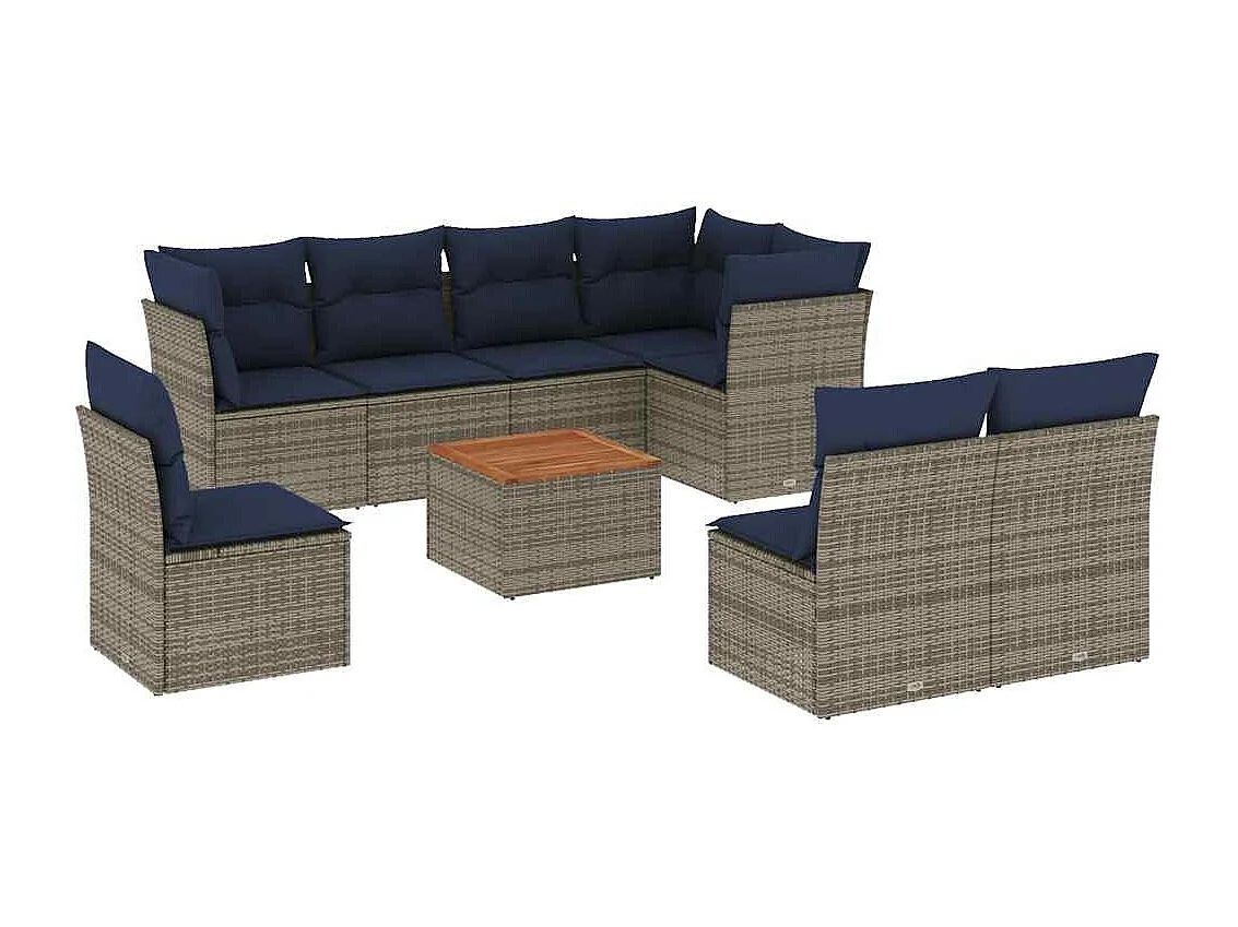 Salon de jardin 9 pcs avec coussins gris résine tressée