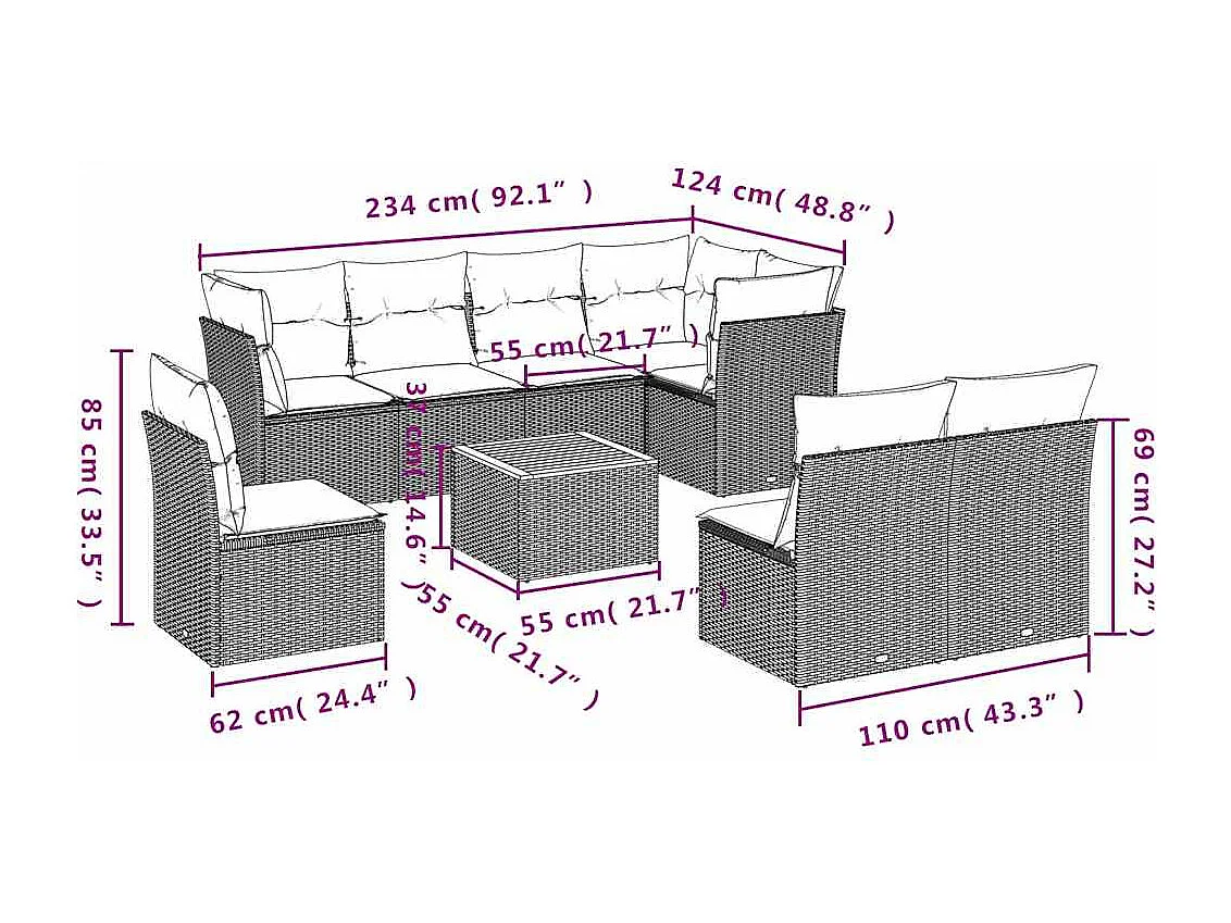 Salon de jardin 9 pcs avec coussins gris résine tressée