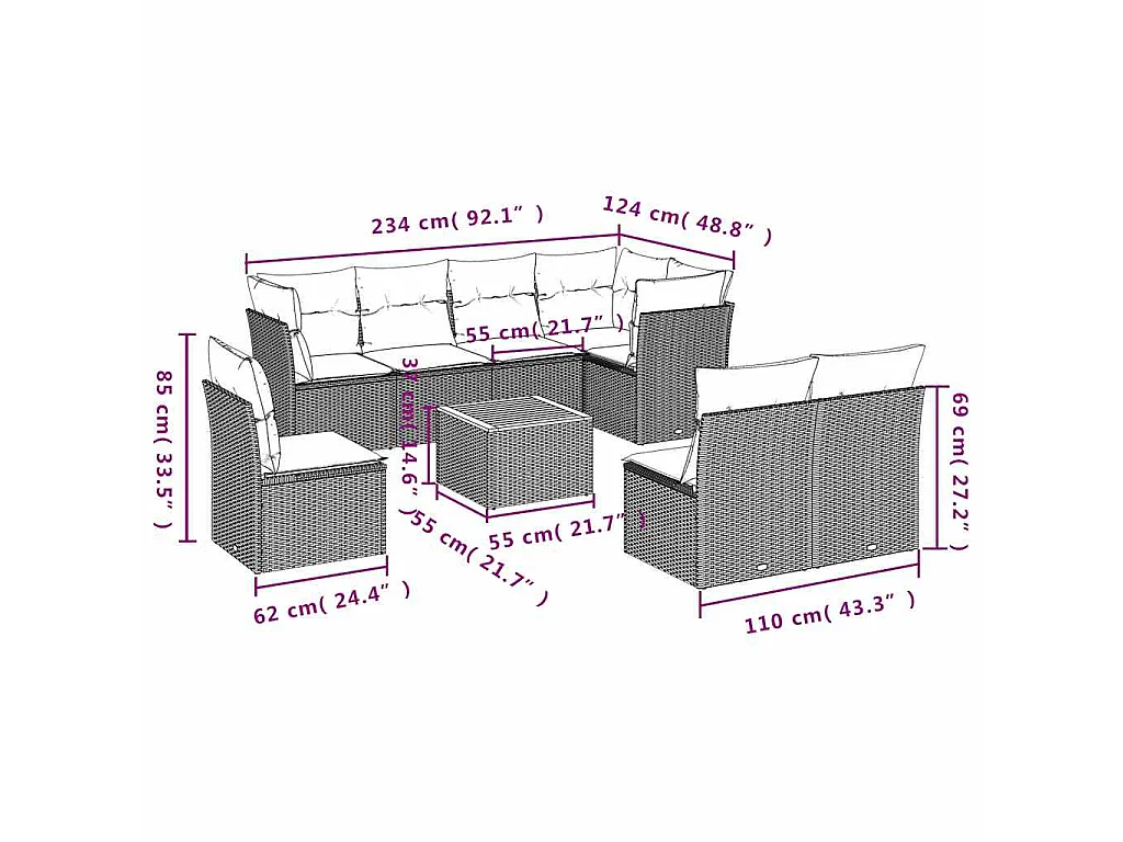 9-delige Loungeset met kussens poly rattan grijs