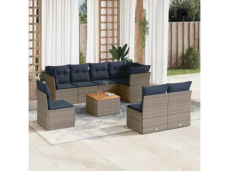 Salon de jardin 9 pcs avec coussins gris résine tressée