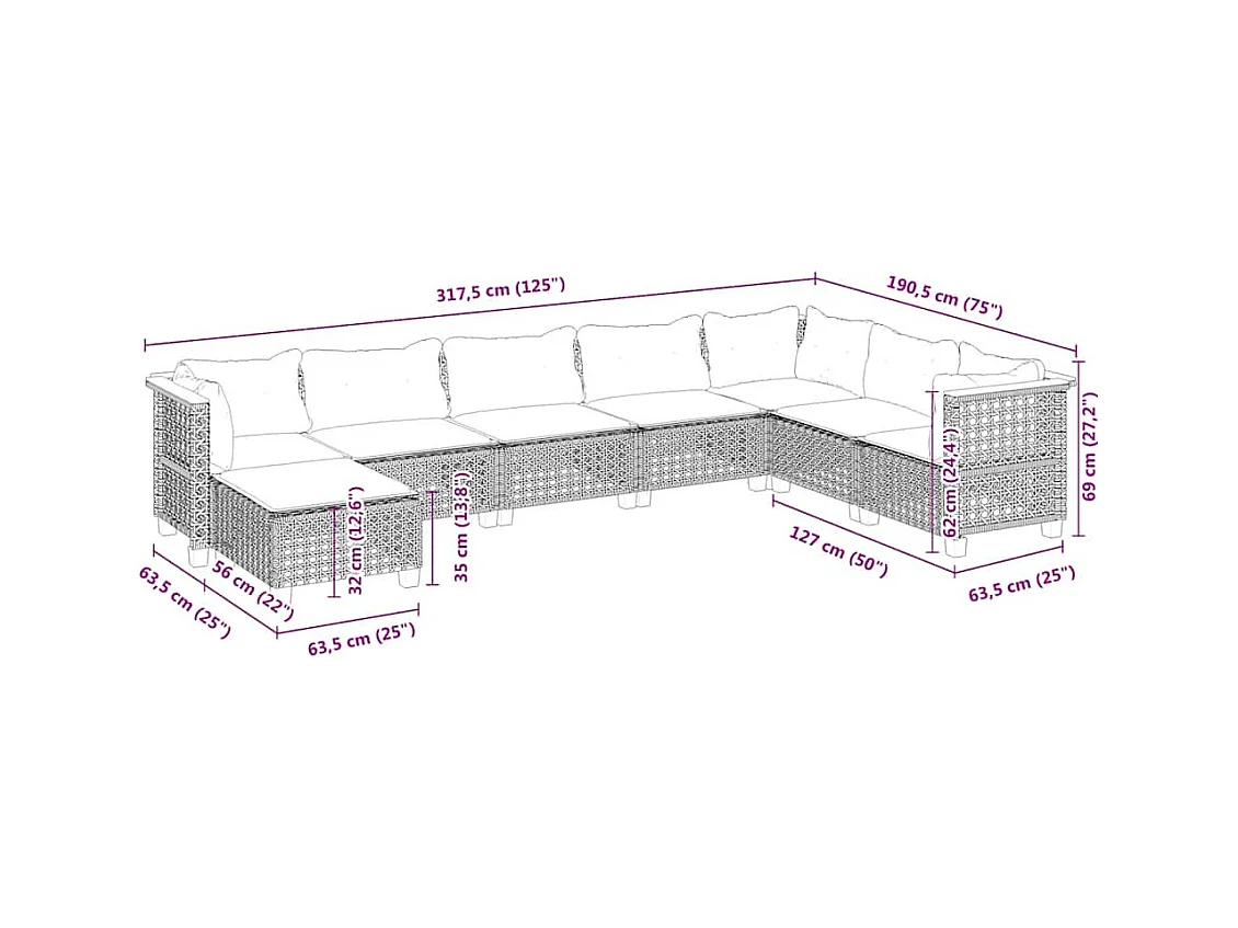Salon de jardin avec coussins 8 pcs beige résine tressée