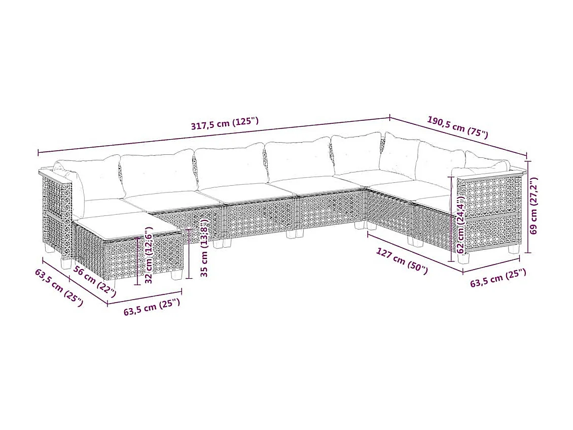 Salon de jardin avec coussins 8 pcs beige résine tressée