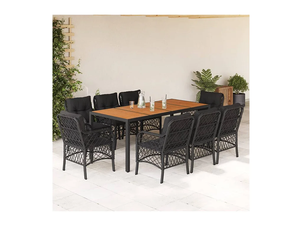 Ensemble à manger de jardin 9pcs coussins noir résine tressée