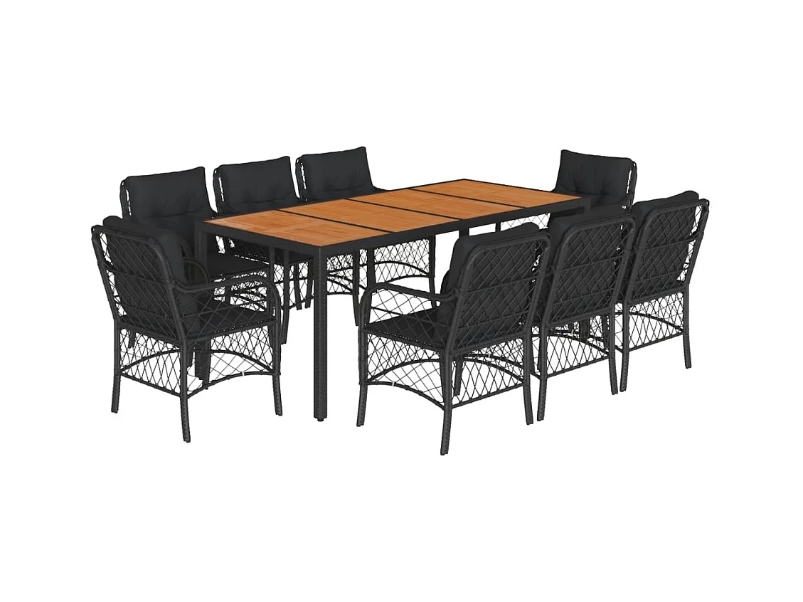 Ensemble à manger de jardin 9pcs coussins noir résine tressée