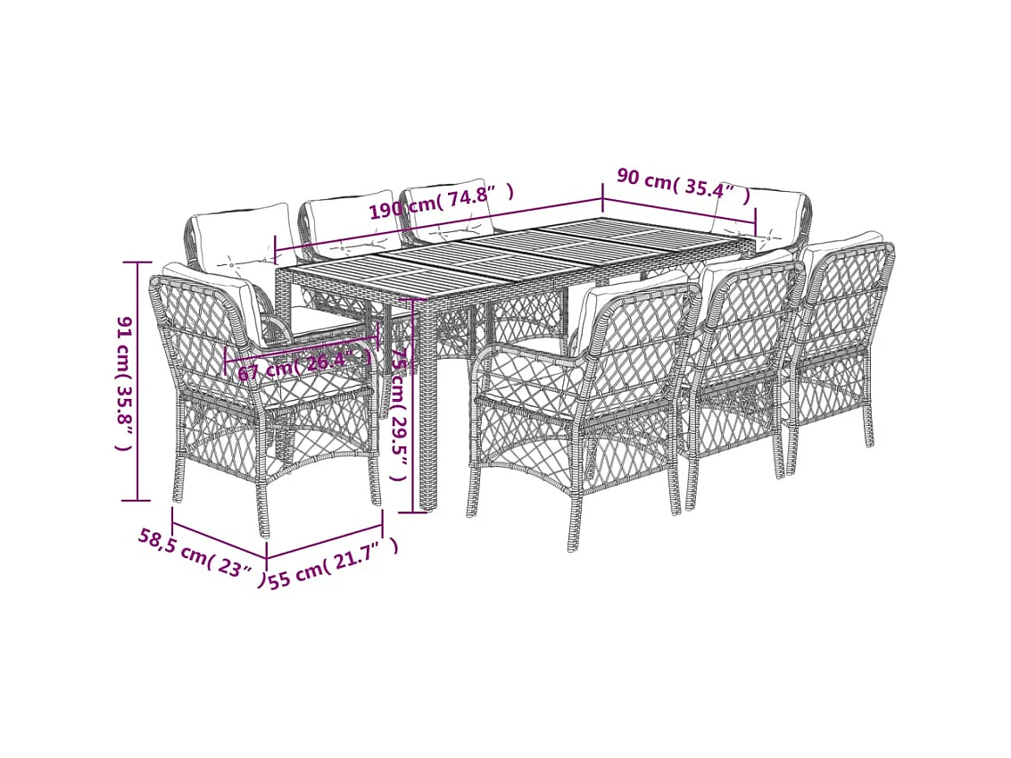 Ensemble à manger de jardin 9pcs coussins noir résine tressée