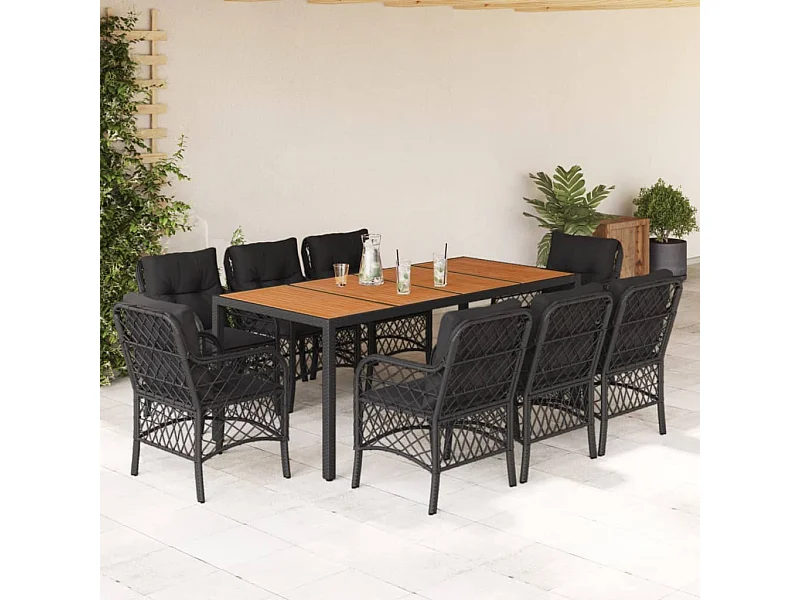 Ensemble à manger de jardin 9pcs coussins noir résine tressée