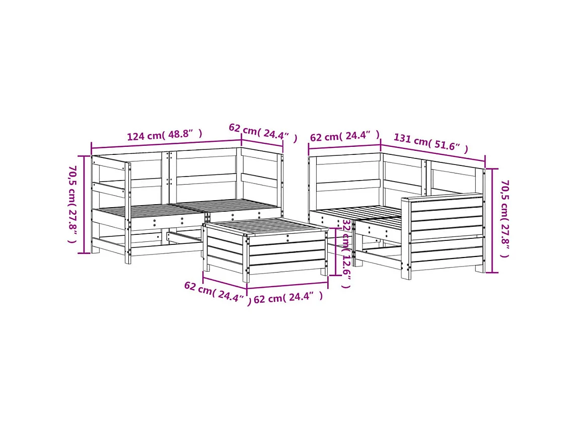 Salon de jardin 5 pcs blanc bois massif de pin