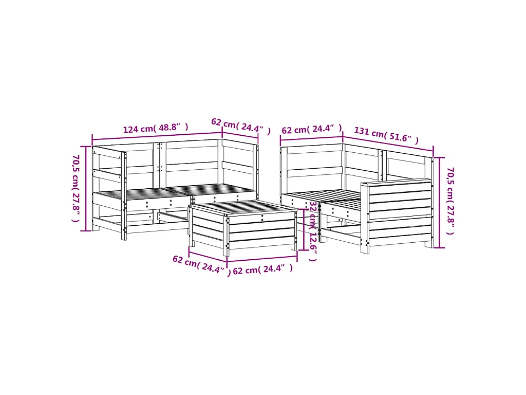 5-delige Loungeset massief grenenhout wit