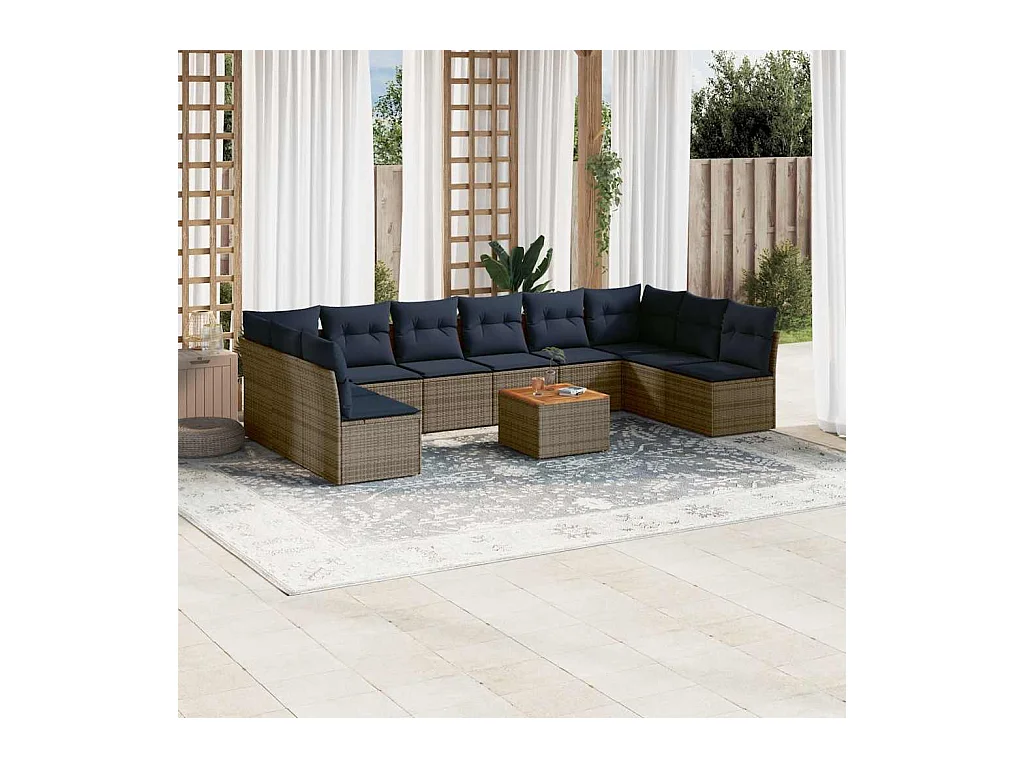 11-tlg. Garten-Sofagarnitur mit Kissen Grau Poly Rattan