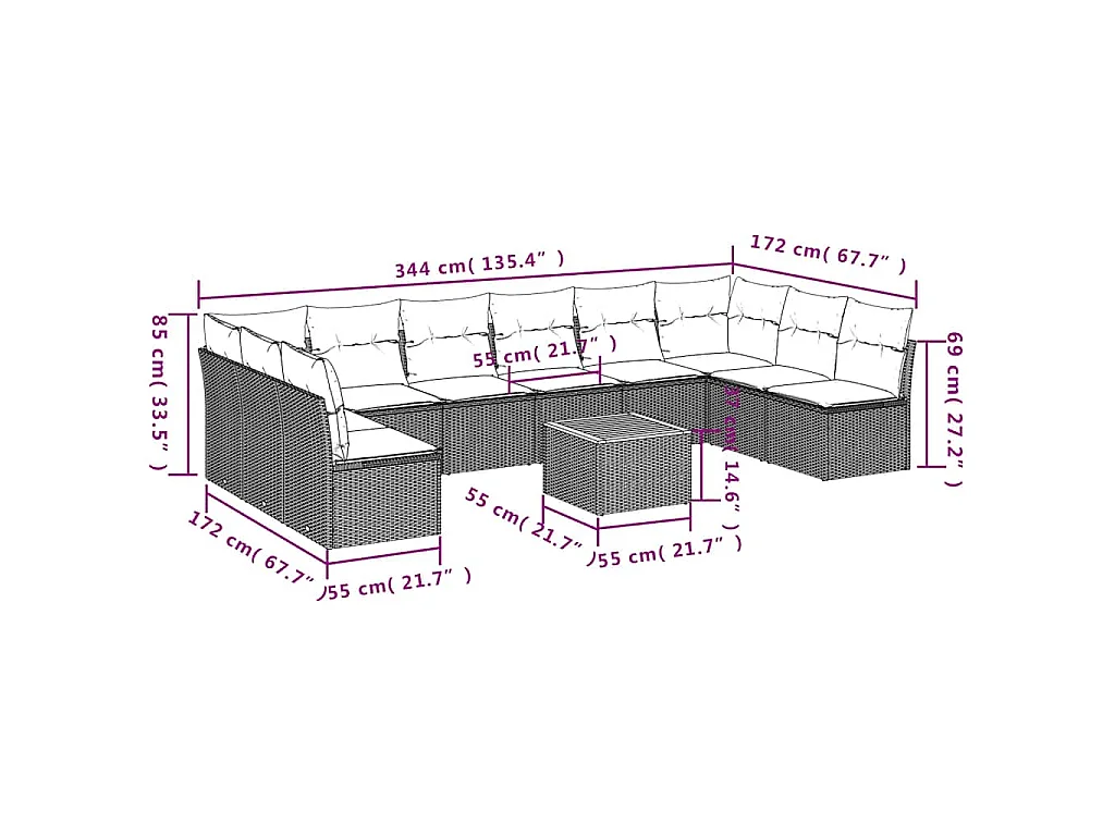 11-tlg. Garten-Sofagarnitur mit Kissen Grau Poly Rattan