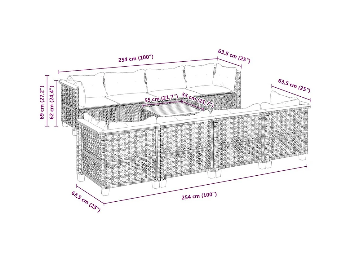 Salon de jardin avec coussins 9 pcs beige résine tressée