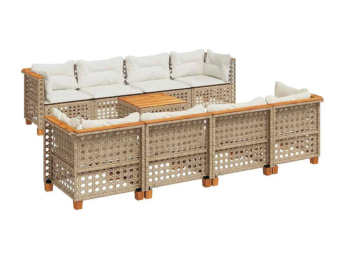 9-tlg. Garten-Sofagarnitur mit Kissen Beige Poly Rattan