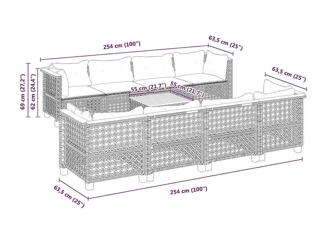 9-tlg. Garten-Sofagarnitur mit Kissen Beige Poly Rattan
