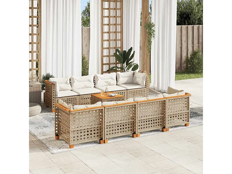 Set Divano da Giardino 9 pz con Cuscini Beige in Polyrattan
