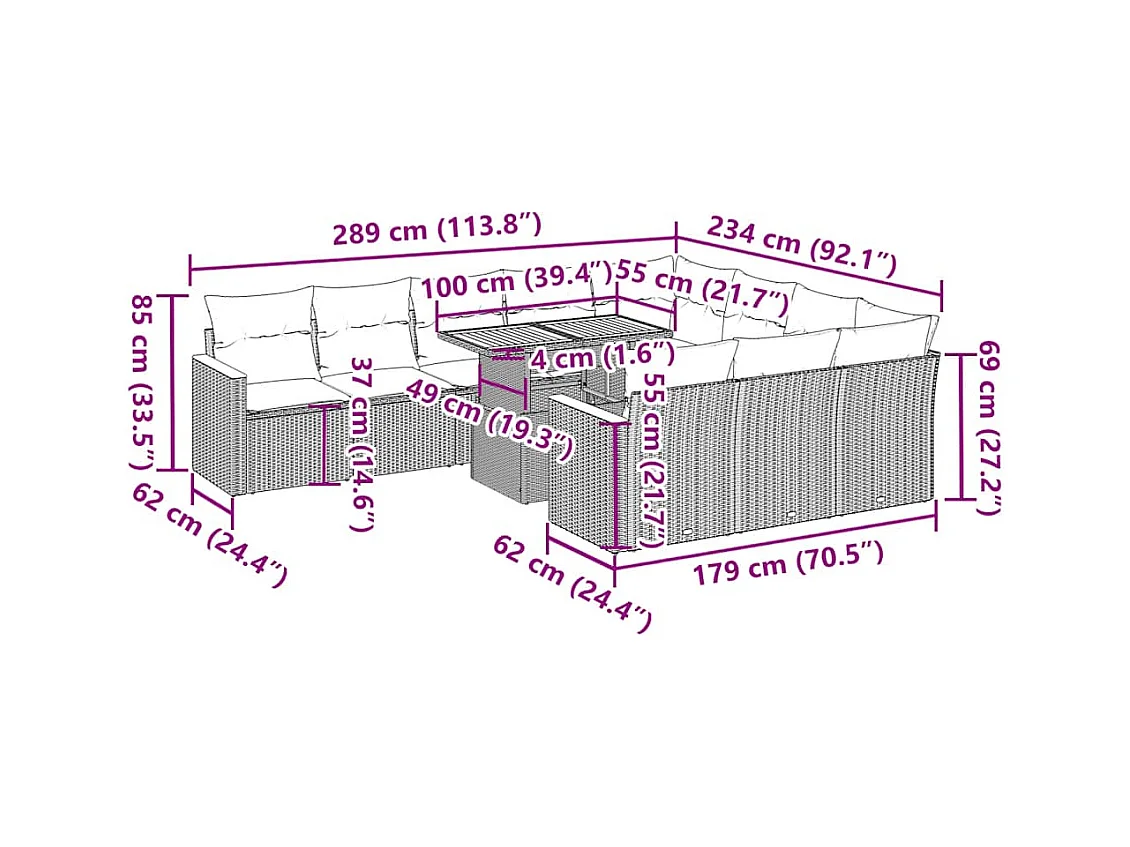 Ensemble de canapés de jardin 11 pcs et coussins rotin acacia
