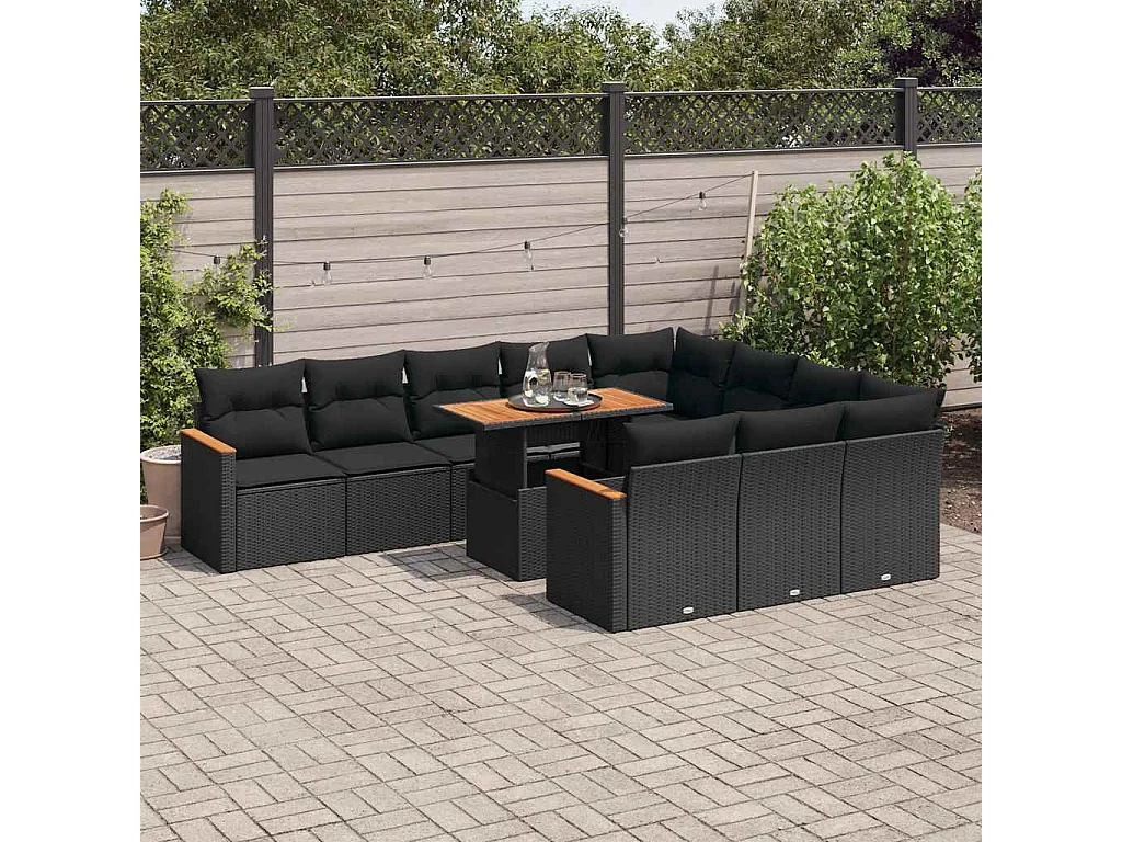 Set Divani da Giardino 11 pz con Cuscini Polyrattan Acacia Nero