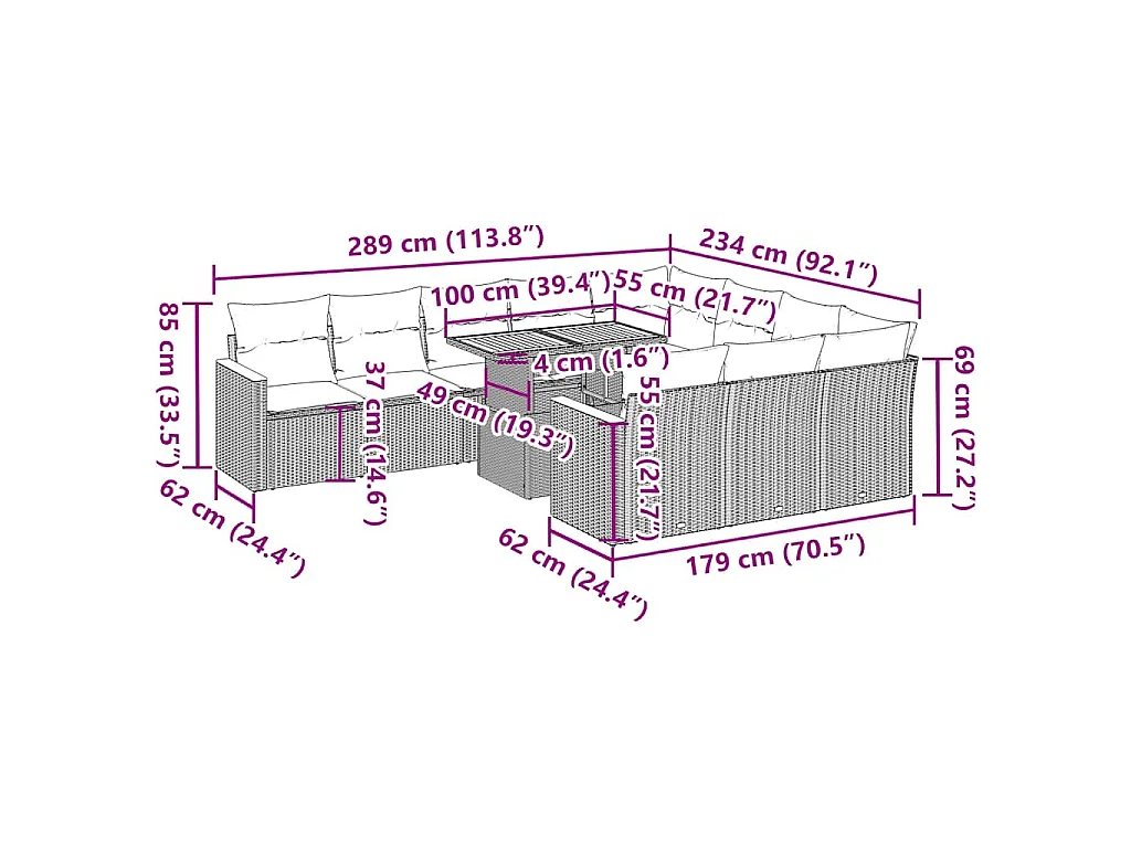 Set Divani da Giardino 11 pz con Cuscini Polyrattan Acacia Nero