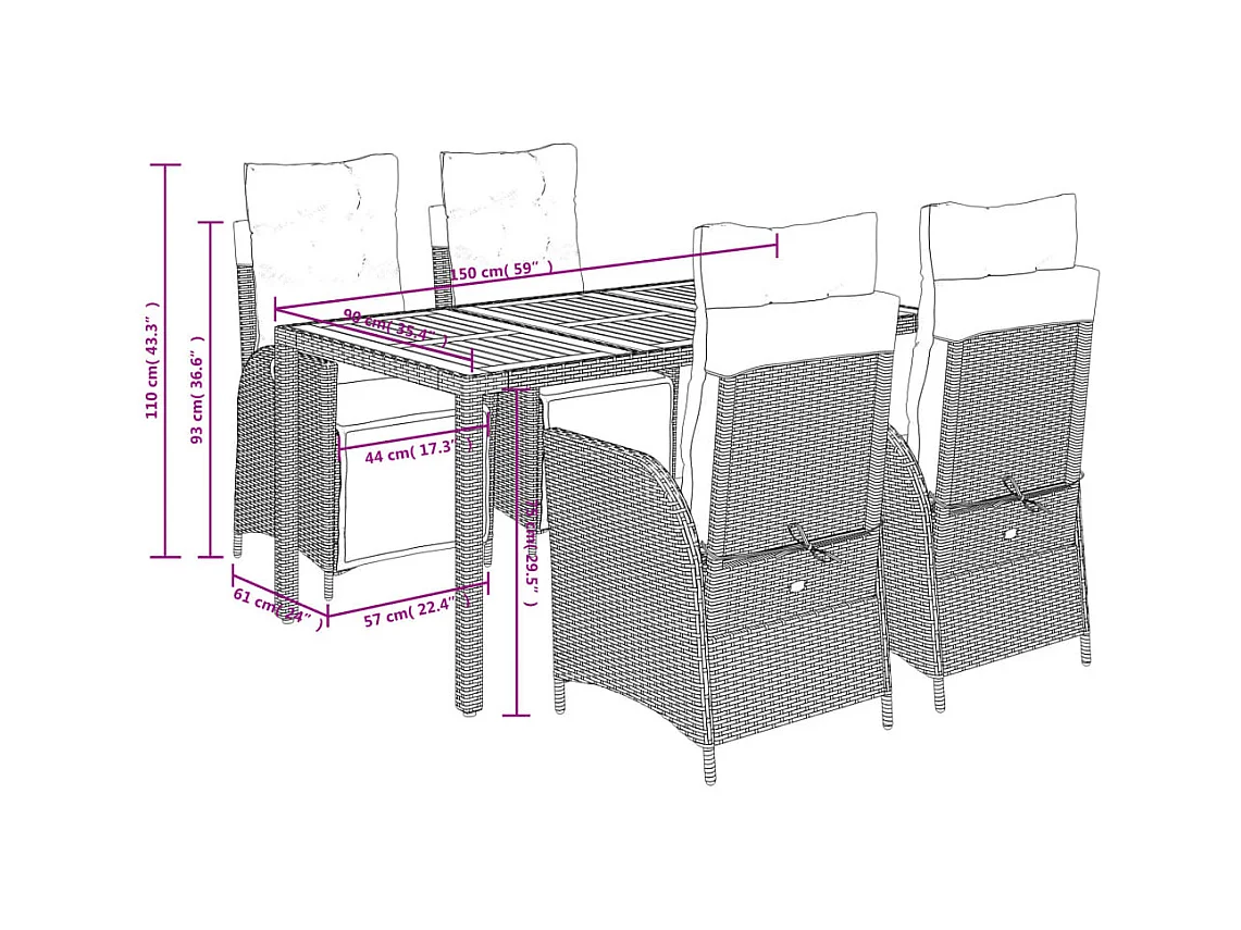 Ensemble à manger de jardin coussins 5pcs Noir Résine tressée