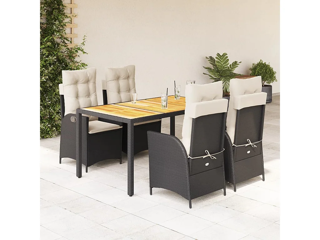 5-delige Tuinset met kussens poly rattan zwart